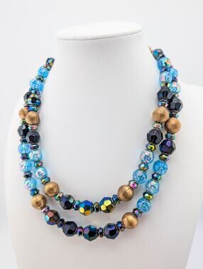 Vintage Hobé Double Strand Molded Glass AB w/ Brass Accent Necklace